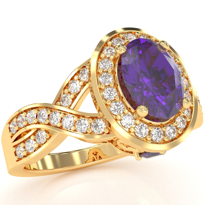 Three Stone Amethyst Diamond Peekaboo Halo Engagement Ring In 14k Yellow Gold
