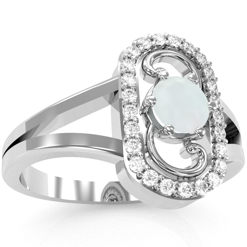 Split Band Opal Diamond Cocktail Ring In 14k White Gold