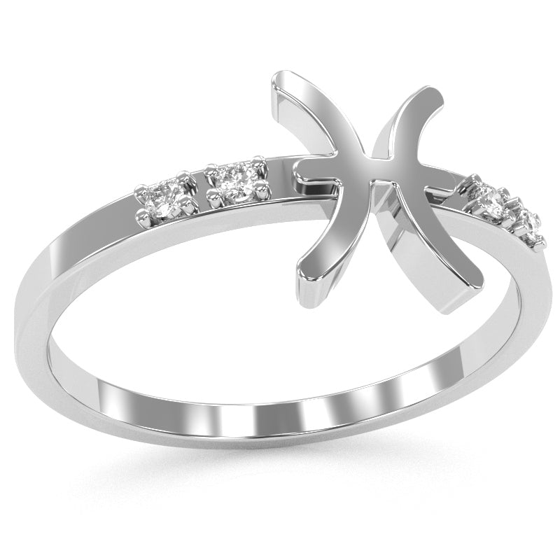 Pisces Zodiac Sign Diamond Ring In Solid 10k White Gold