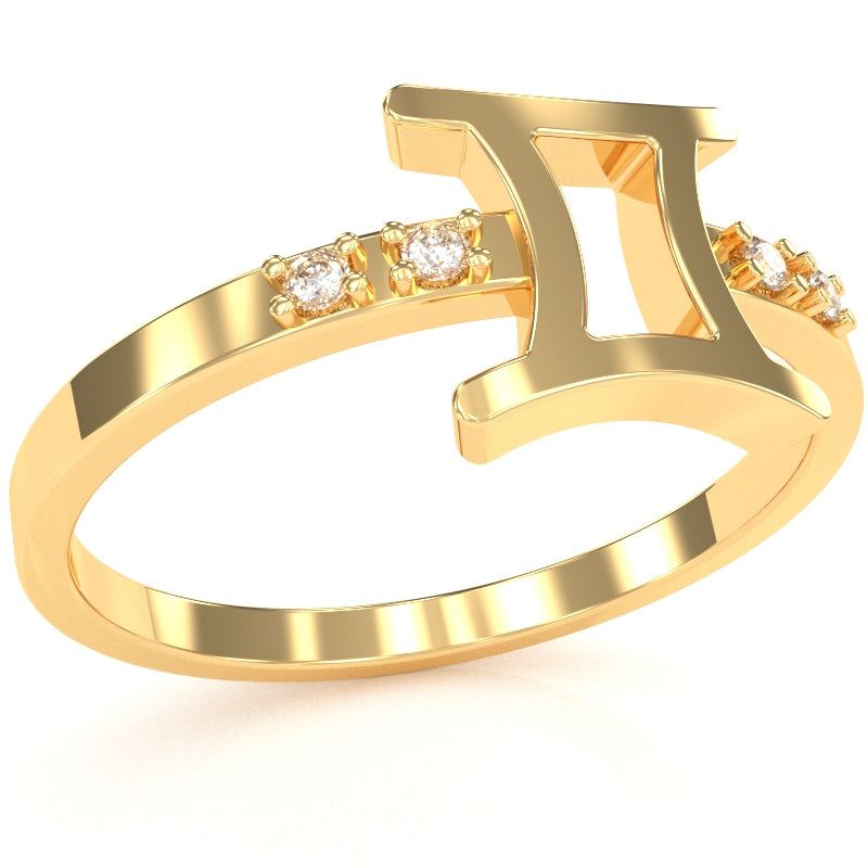 Gemini Zodiac Sign Diamond Ring In Solid 14k Yellow Gold