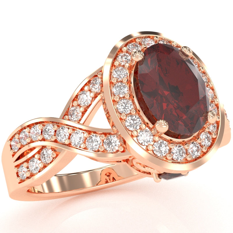Three Stone Lab-Created Ruby Diamond Peekaboo Halo Engagement Ring In 14k Rose Gold