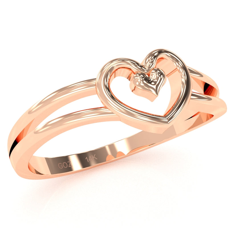 Split Shank Heart-In-Heart Love Ring In Solid 14k Rose Gold