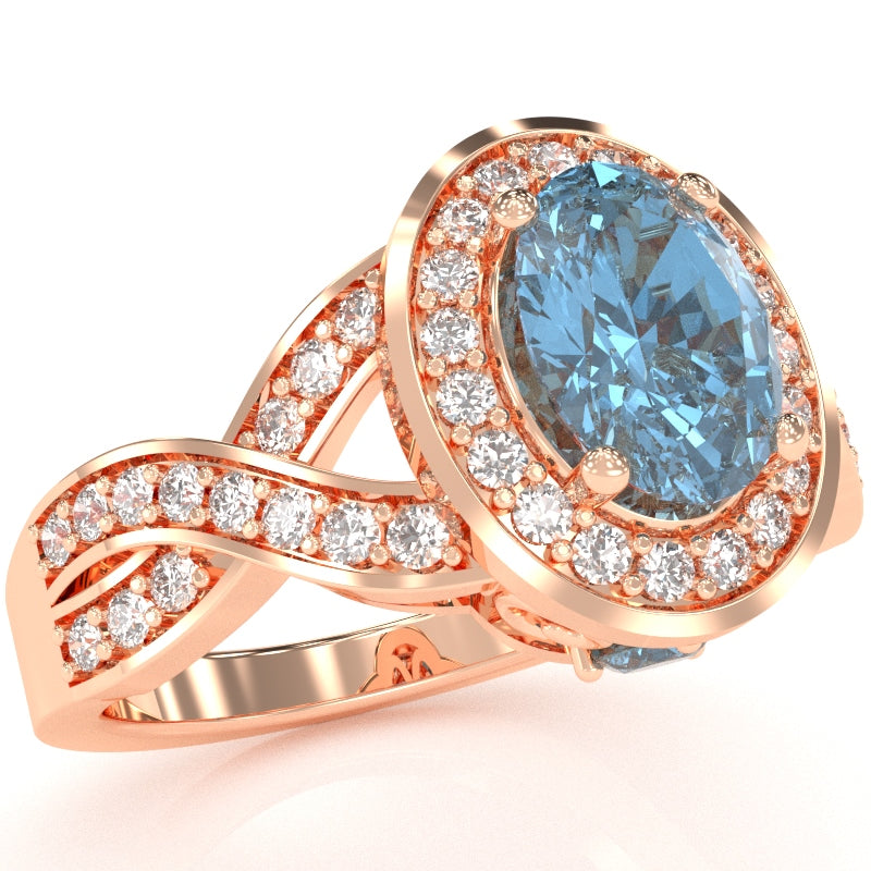 Three Stone Blue Topaz Diamond Peekaboo Halo Engagement Ring In 14k Rose Gold