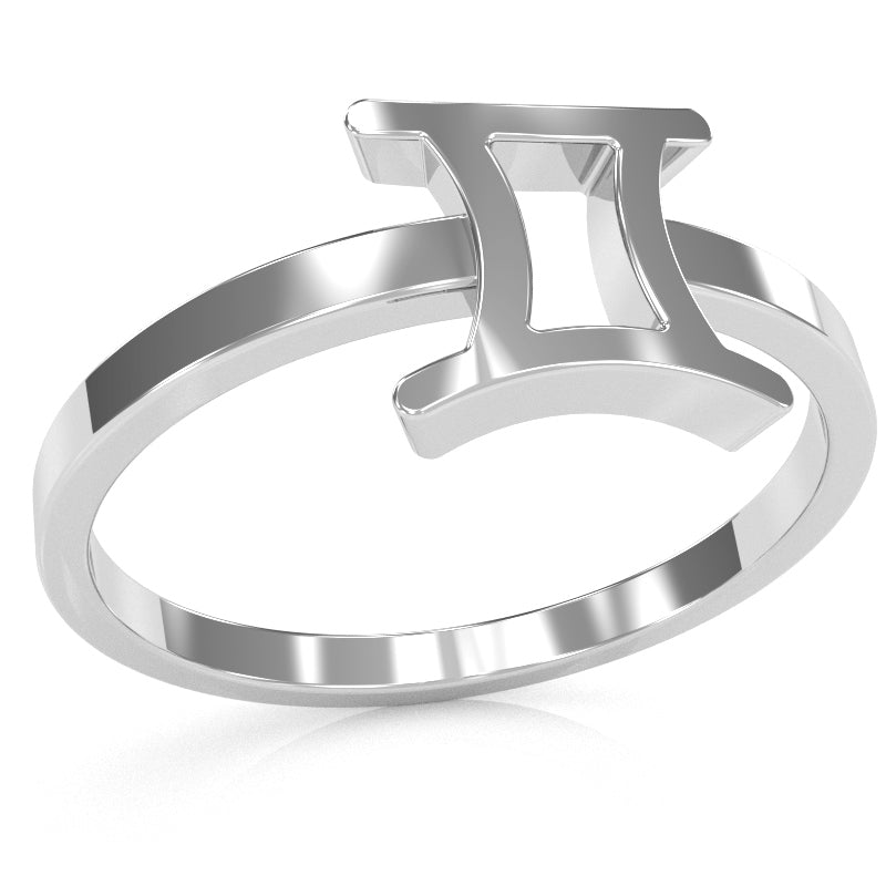 Gemini Zodiac Sign Ring In Solid 14k White Gold