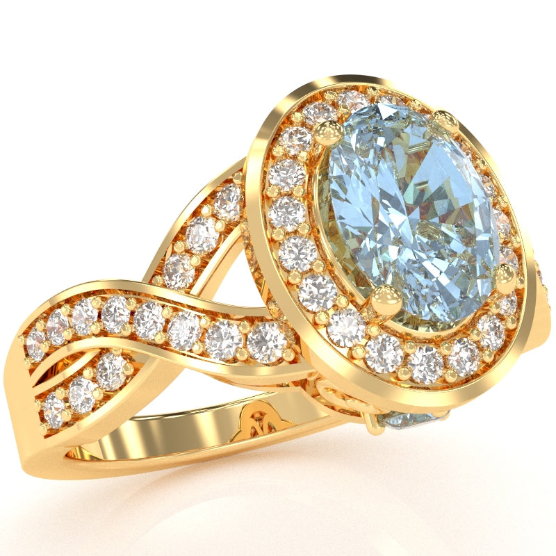 Three Stone Aquamarine Diamond Peekaboo Halo Engagement Ring In 14k Yellow Gold