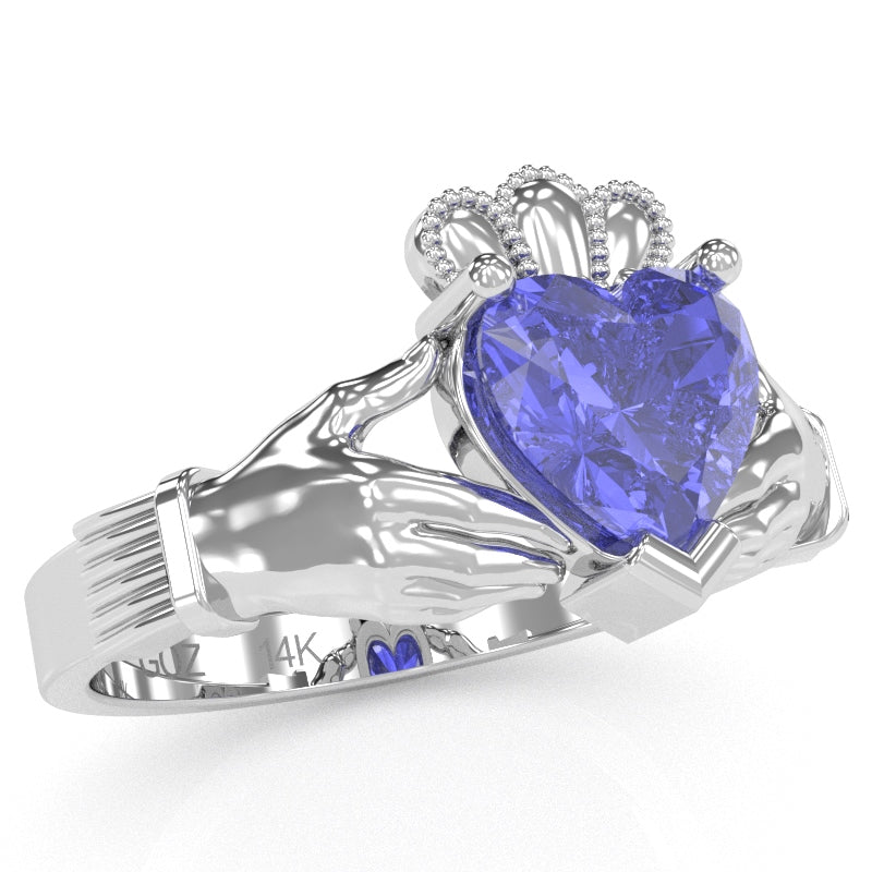 Claddagh Tanzanite Ring In Solid 14k White Gold