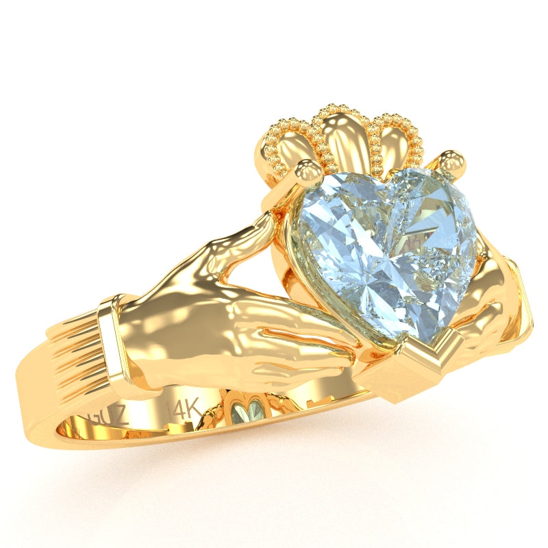 Claddagh Aquamarine Ring In Solid 14k Yellow Gold