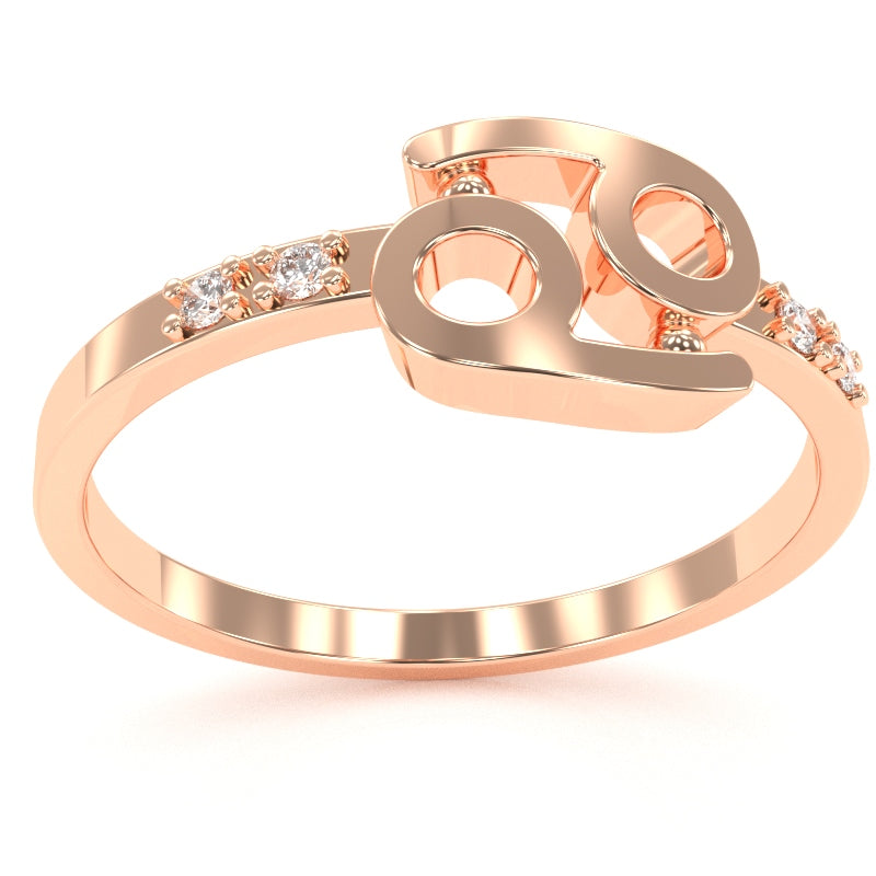 Cancer Zodiac Sign Diamond Ring In Solid 14k Rose Gold