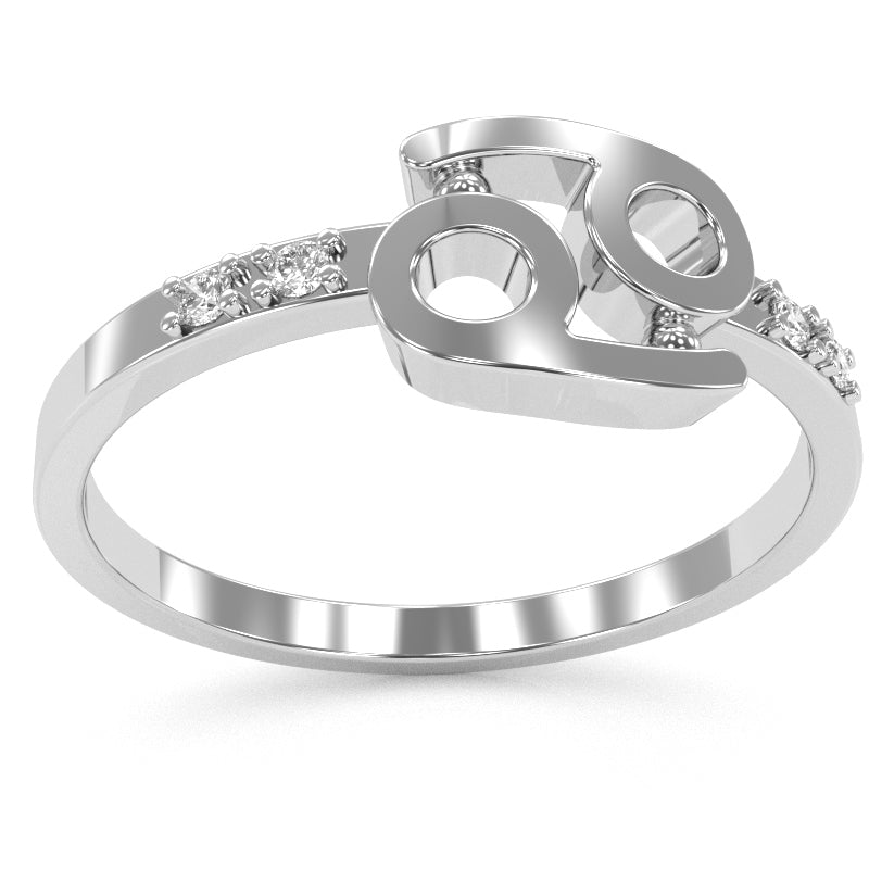 Cancer Zodiac Sign Diamond Ring In Solid 14k White Gold