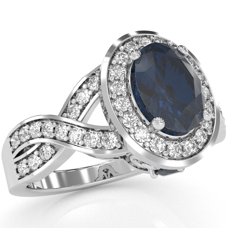 Three Stone Lab-Created Sapphire Diamond Peekaboo Halo Engagement Ring In 14k White Gold