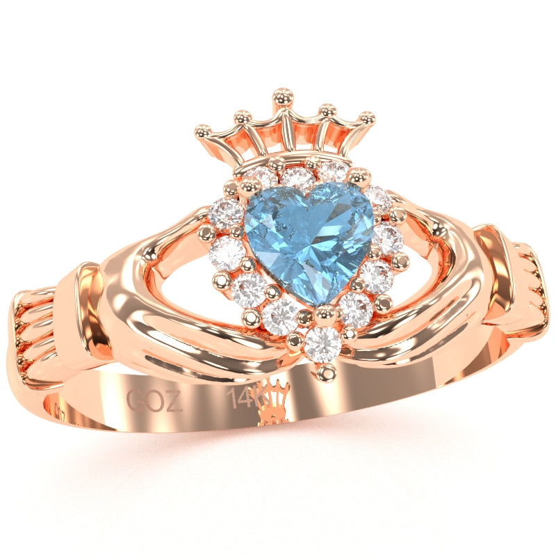 Claddagh Blue Topaz Diamond Ring In Solid 14k Rose Gold