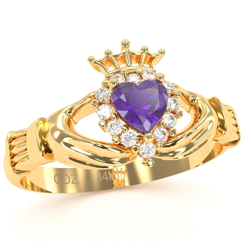Claddagh Amethyst Diamond Ring In Solid 14k Yellow Gold