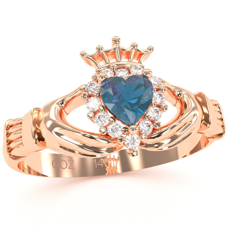 Claddagh Lab-Created Alexandrite Diamond Ring In Solid 14k Rose Gold