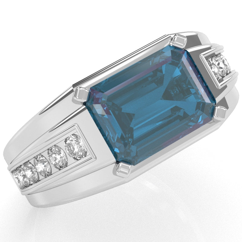 Men's Lab-Created Alexandrite Diamond Channel Ring In Solid 14k White Gold