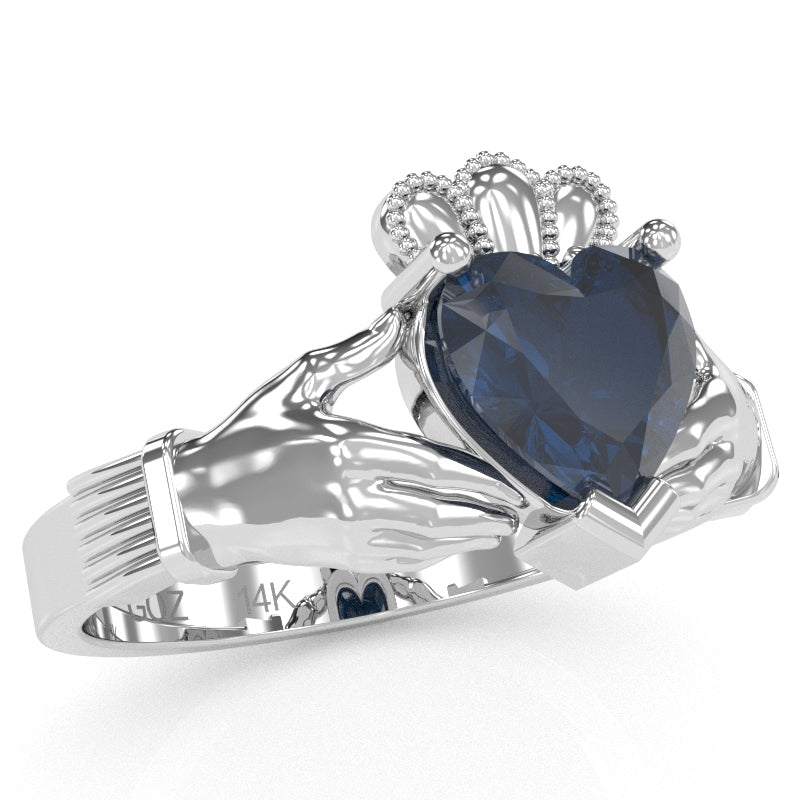 Claddagh Lab-Created Sapphire Ring In Solid 14k White Gold