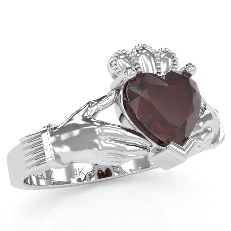 Claddagh Garnet Ring In Solid 14k White Gold