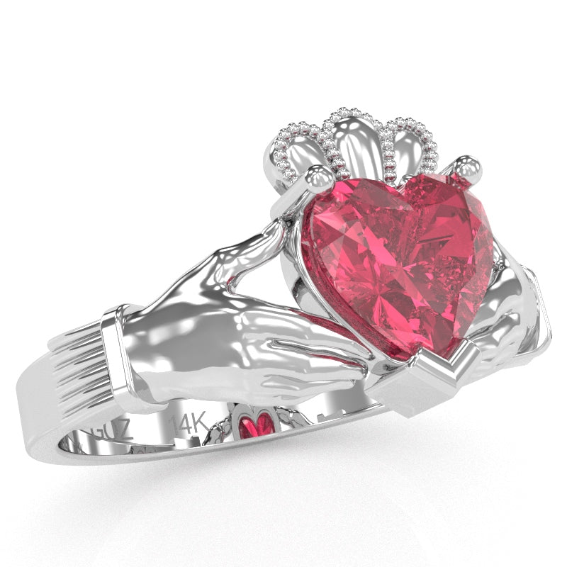 Claddagh Pink Tourmaline Ring In Solid 14k White Gold