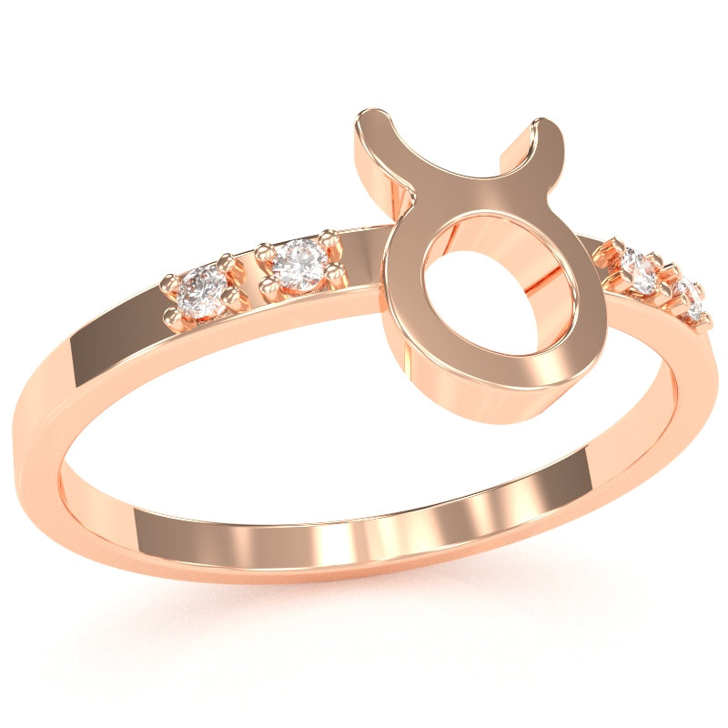 Taurus Zodiac Sign Diamond Ring In Solid 10k Rose Gold