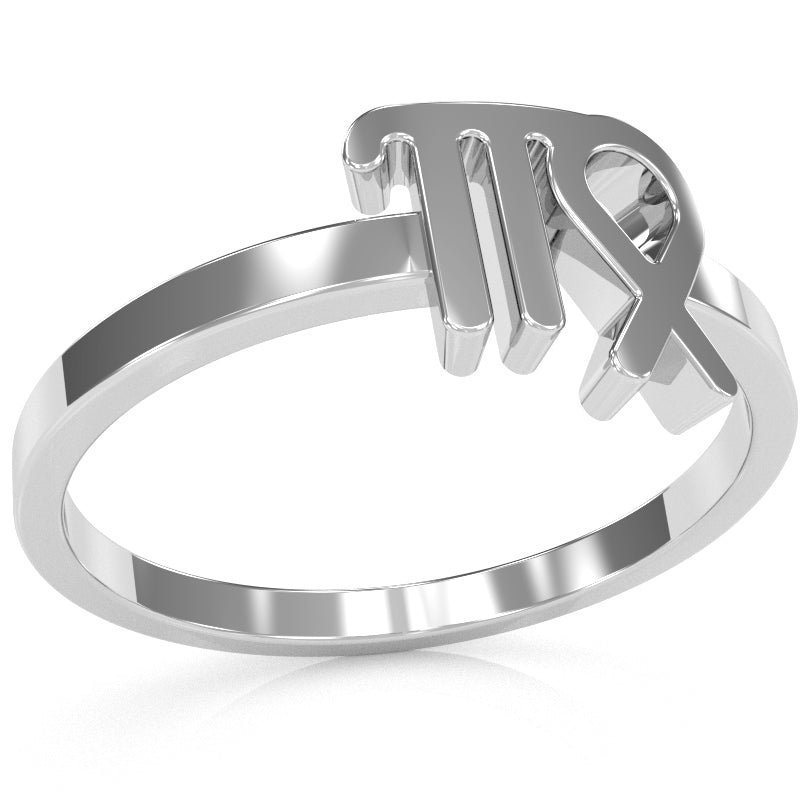 Virgo Zodiac Sign Ring In Solid 14k White Gold
