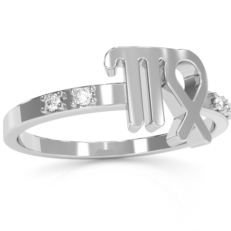 Virgo Zodiac Sign Diamond Ring In Solid 10k White Gold