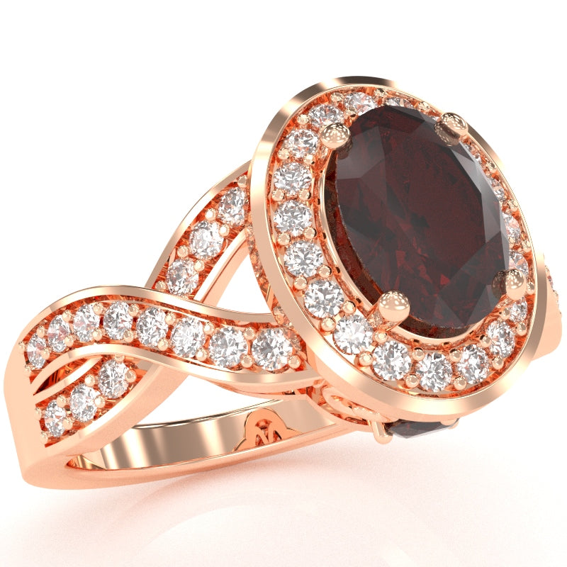 Three Stone Garnet Diamond Peekaboo Halo Engagement Ring In 14k Rose Gold