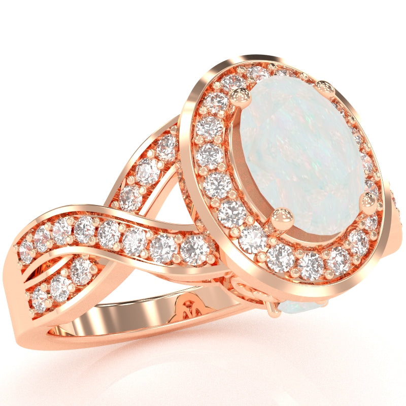 Three Stone Opal Diamond Peekaboo Halo Engagement Ring In 14k Rose Gold