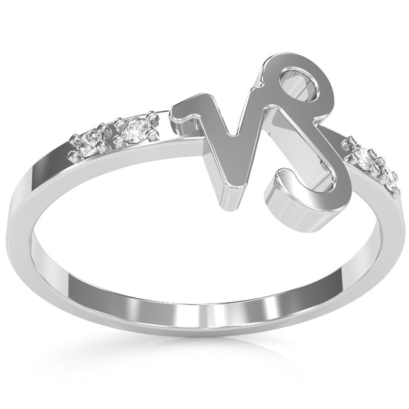 Capricorn Zodiac Sign Diamond Ring In Solid 14k White Gold
