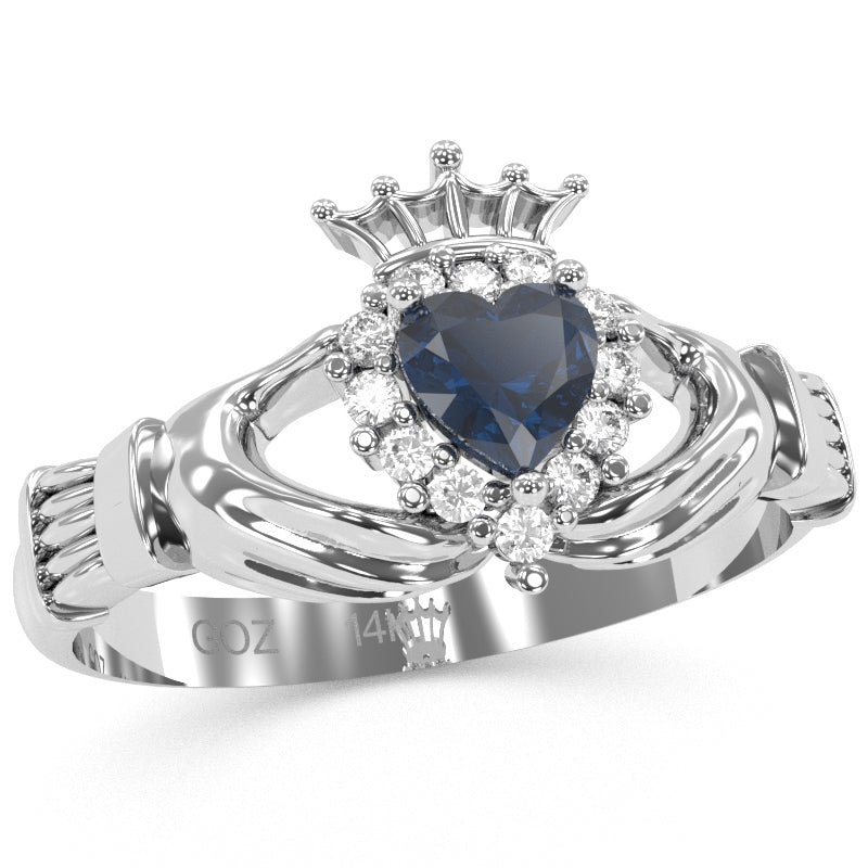 Claddagh Sapphire Diamond Ring In Solid 14k White Gold