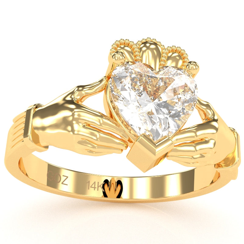Claddagh White Topaz Ring In Solid 14k Yellow Gold