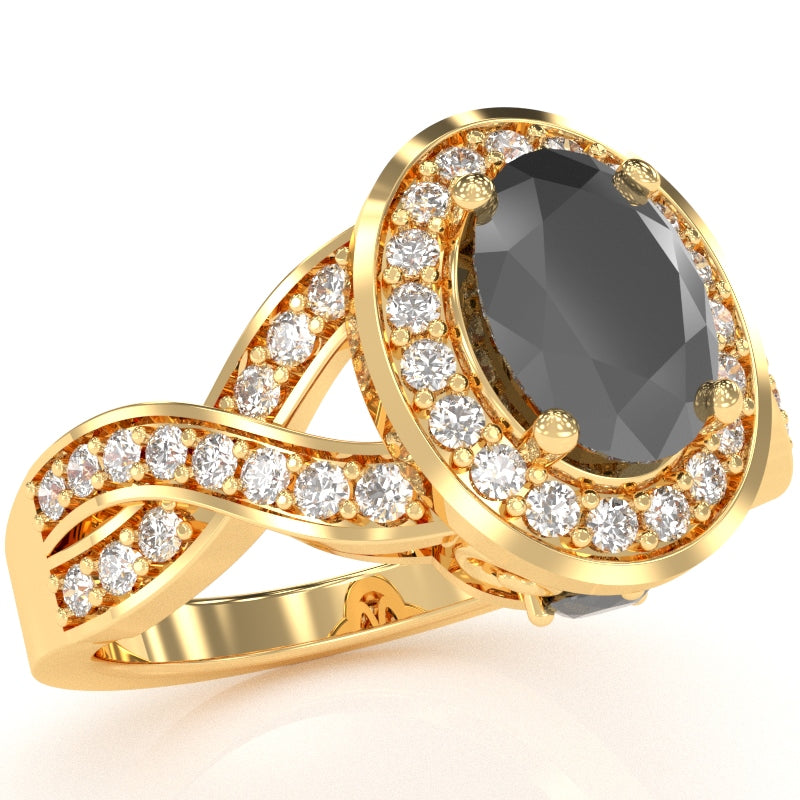 Three Stone Black Onyx Diamond Peekaboo Halo Engagement Ring In 14k Yellow Gold