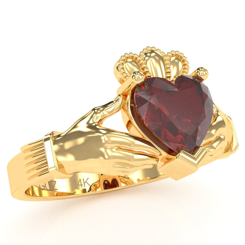 Claddagh Lab-Created Ruby Ring In Solid 14k Yellow Gold
