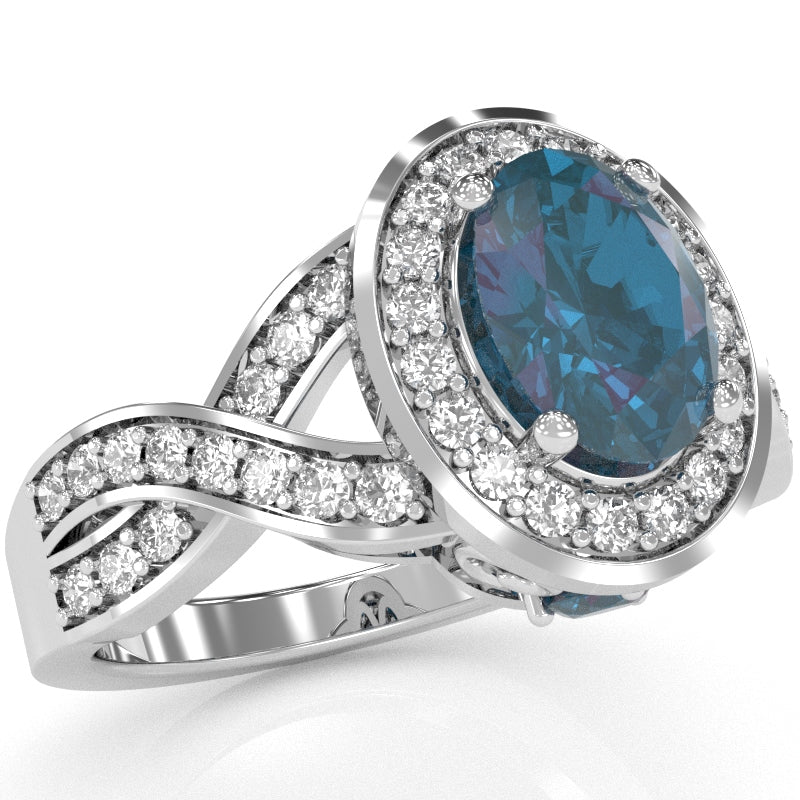 Three Stone Lab-Created Alexandrite Diamond Peekaboo Halo Engagement Ring In 14k White Gold