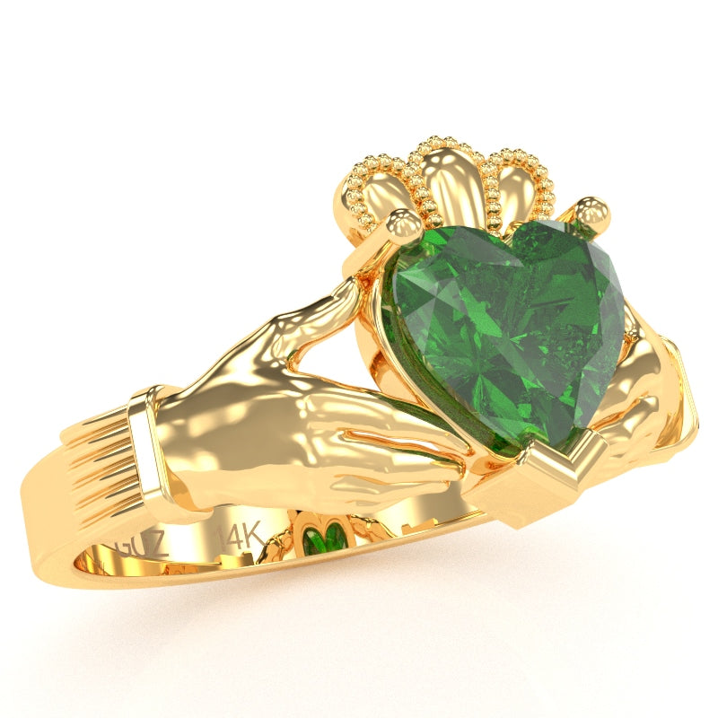 Claddagh Lab-Created Emerald Ring In Solid 14k Yellow Gold