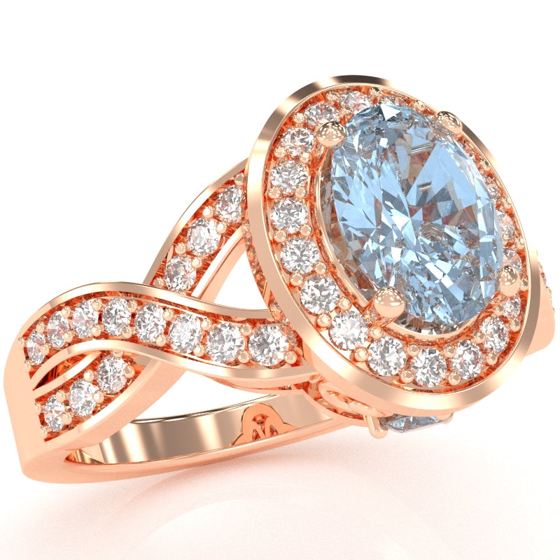 Three Stone Aquamarine Diamond Peekaboo Halo Engagement Ring In 14k Rose Gold