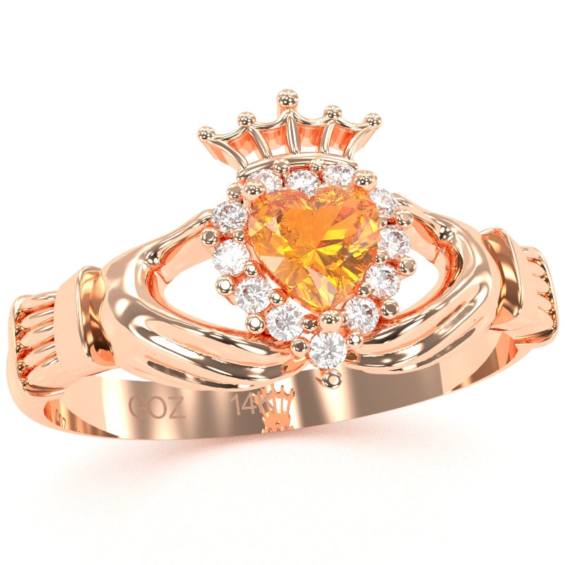 Claddagh Citrine Diamond Ring In Solid 14k Rose Gold