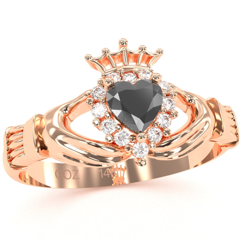 Claddagh Black Onyx Diamond Ring In Solid 14k Rose Gold