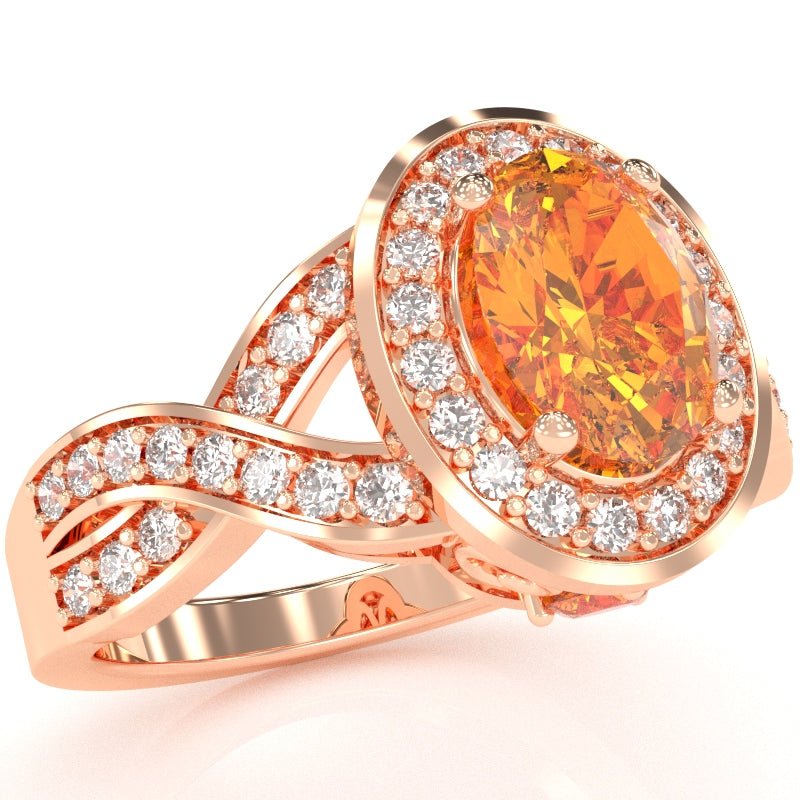Three Stone Citrine Diamond Peekaboo Halo Engagement Ring In 14k Rose Gold