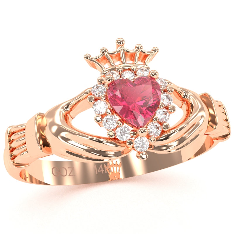 Claddagh Pink Tourmaline Diamond Ring In Solid 14k Rose Gold