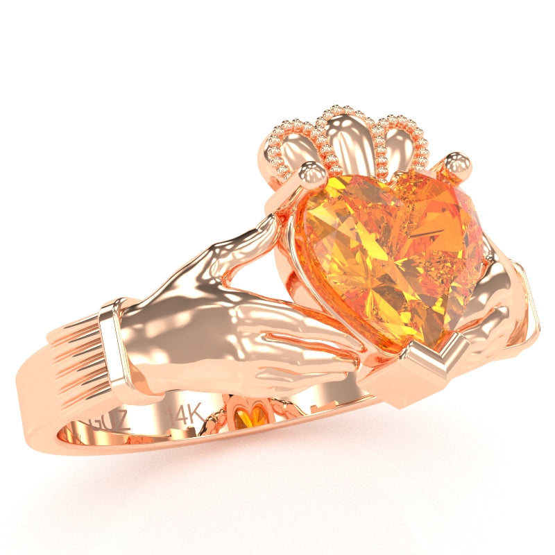 Claddagh Citrine Ring In Solid 14k Rose Gold