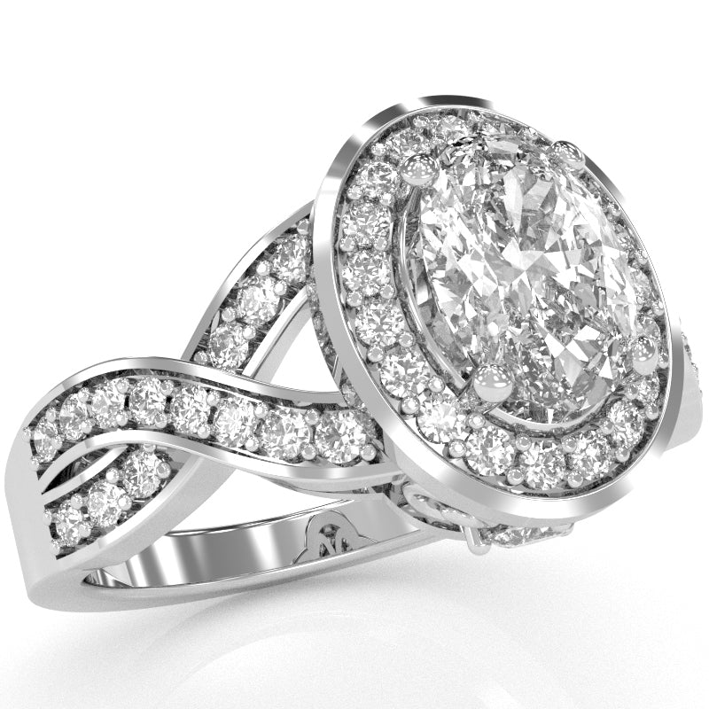 Three Stone White Topaz Diamond Peekaboo Halo Engagement Ring In 14k White Gold