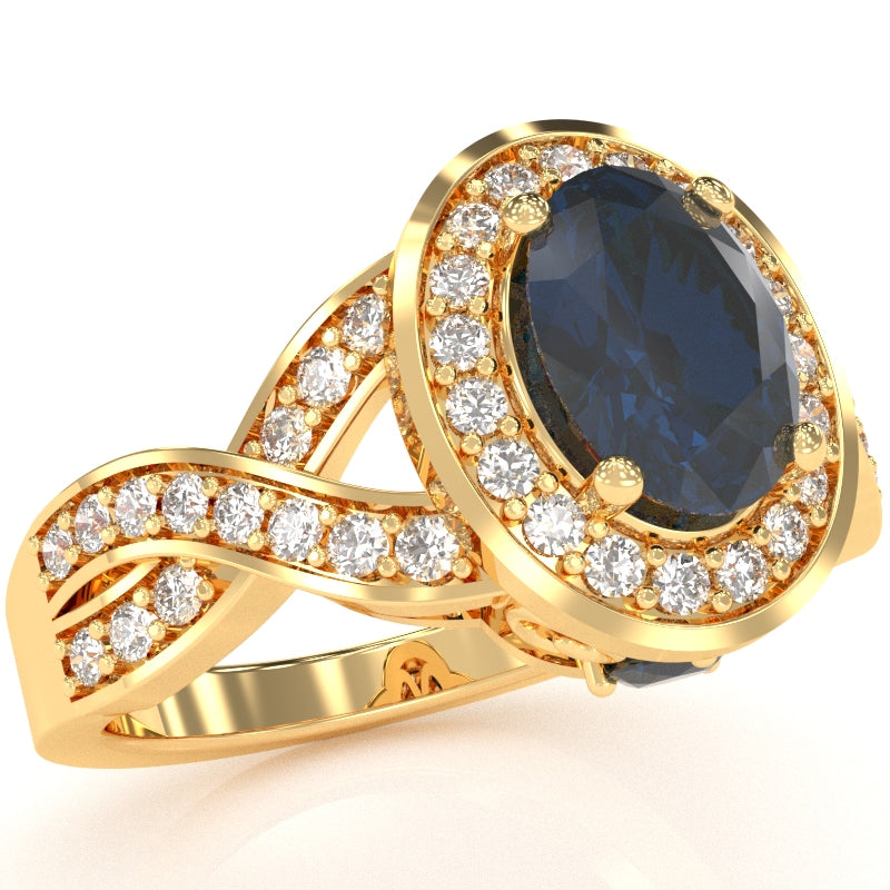 Three Stone Lab-Created Sapphire Diamond Peekaboo Halo Engagement Ring In 14k Yellow Gold