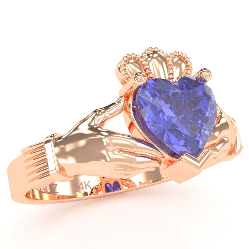 Claddagh Tanzanite Ring In Solid 14k Rose Gold