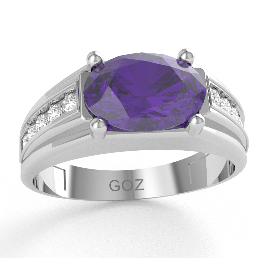 Amethyst Diamond Designer Channel Ring In 10k White Gold