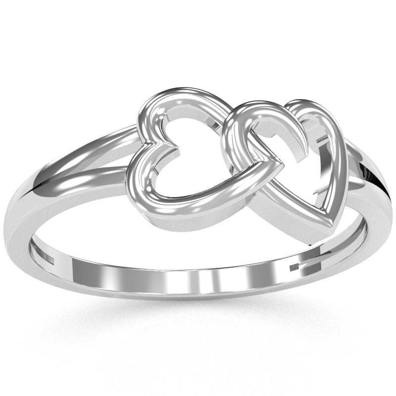 Double Heart Love Ring In Solid 14k White Gold