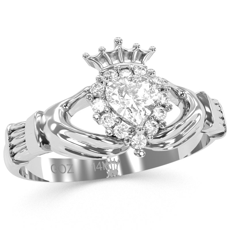 Claddagh White Topaz Diamond Ring In Solid 14k White Gold