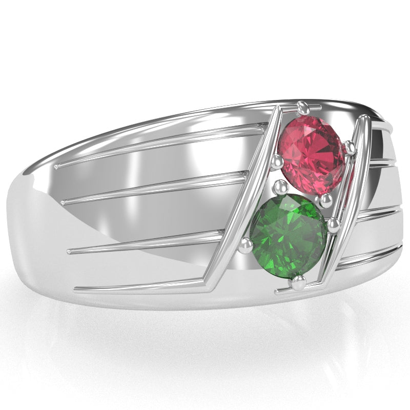 Men's Two Gemstone Birthstone Designer Ring In 14k White Gold