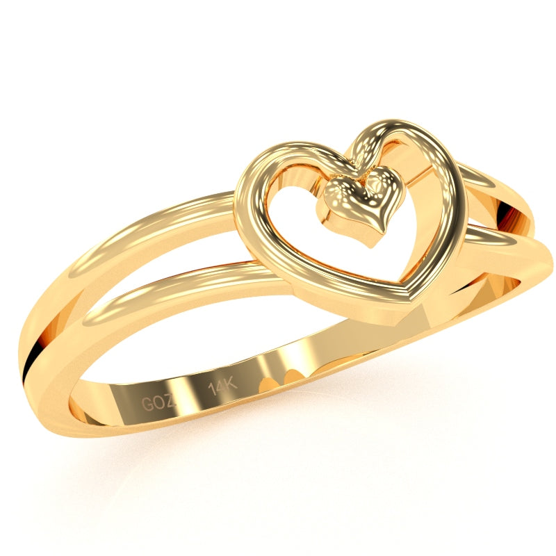 Split Shank Heart-In-Heart Love Ring In Solid 14k Yellow Gold