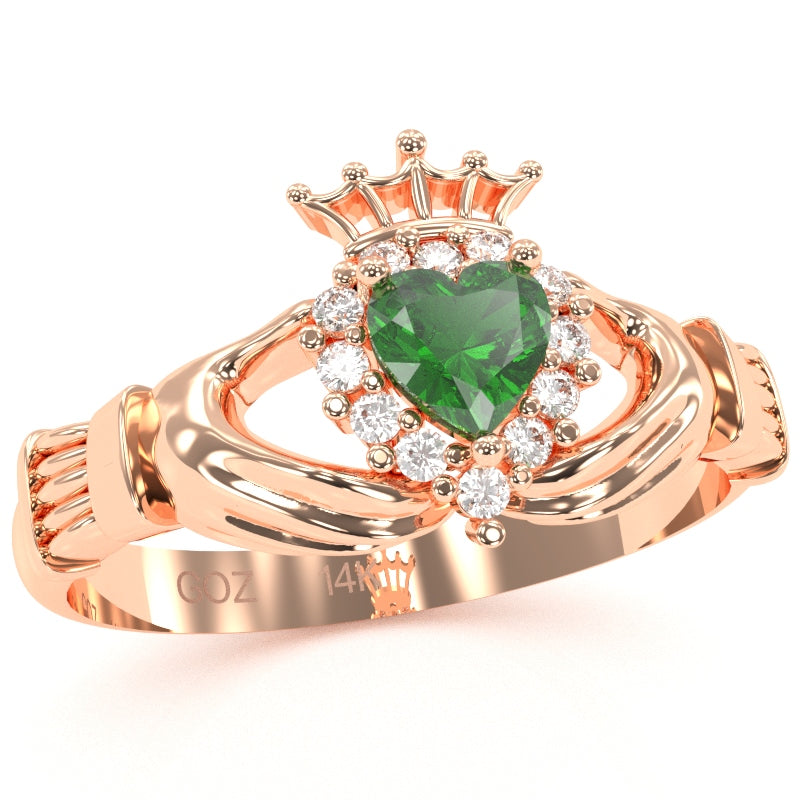 Claddagh Emerald Diamond Ring In Solid 14k Rose Gold