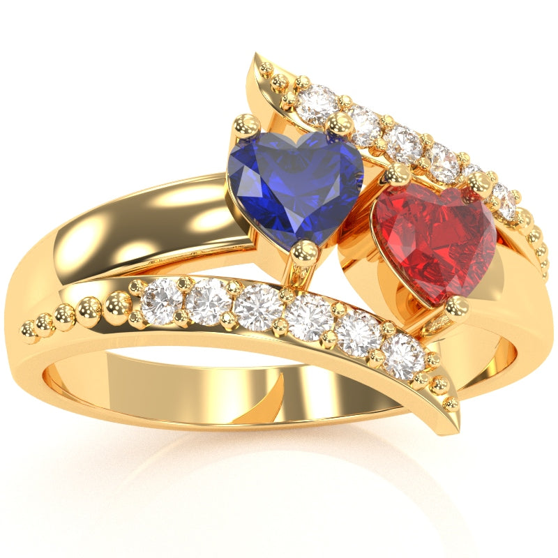 Double Heart Gemstone Diamond Promise Ring In 14k Yellow Gold