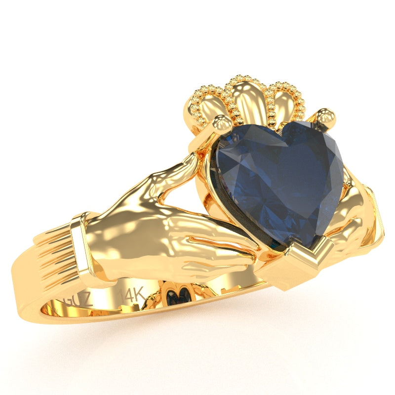 Claddagh Lab-Created Sapphire Ring In Solid 14k Yellow Gold